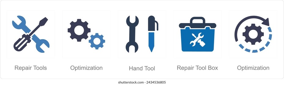 A set of 5 Mix icons as repair tools, optimization, hand tool