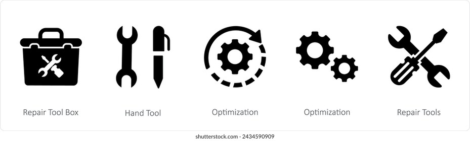 A set of 5 mix icons as repair tool box, hand tool, optimization