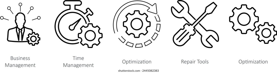 A set of 5 Mix icons as repair tool box, hand tool, optimization