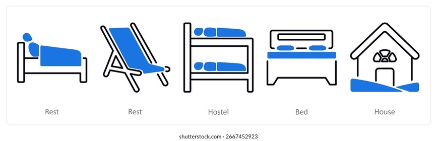 Um conjunto de 5 ícones de mistura como resto, albergue, cama