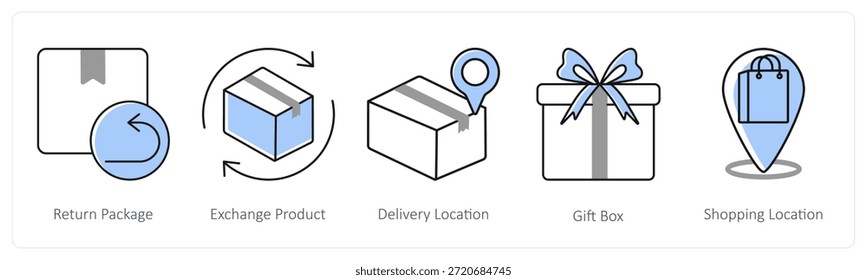 Un conjunto de 5 iconos de mezcla como paquete de devolución, producto de intercambio, ubicación de entrega en color gris