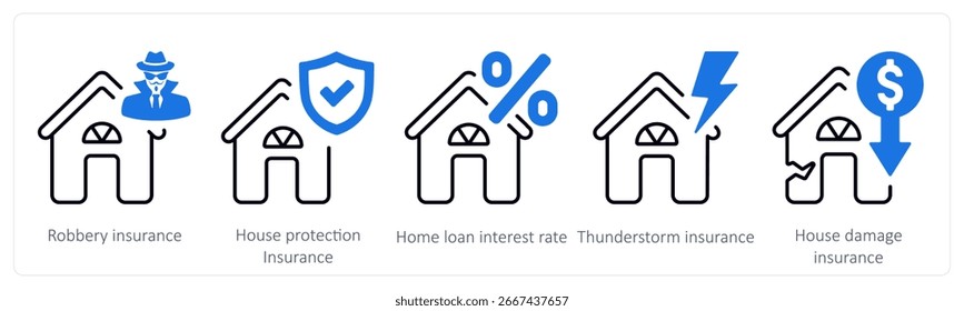 Un conjunto de 5 iconos de mezcla como seguro de robo, seguro de protección de la casa, tasa de interés de préstamo de vivienda