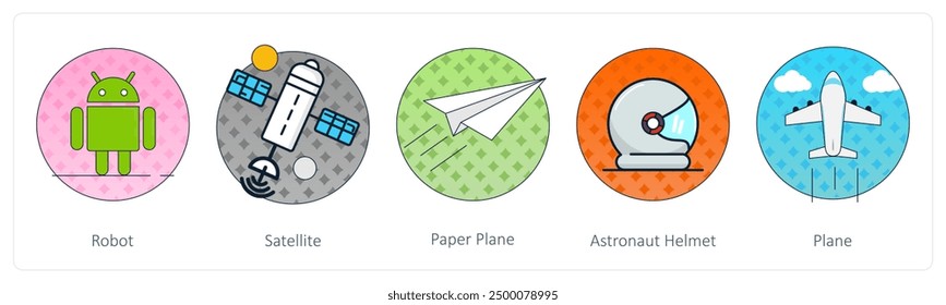 A set of 5 Mix icons as robot, satellite, paper plane