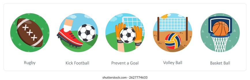 Um conjunto de 5 ícones de mistura como rúgbi, chutar futebol, evitar um gol