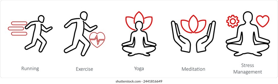 A set of 5 Mix icons as running, exercise, yoga