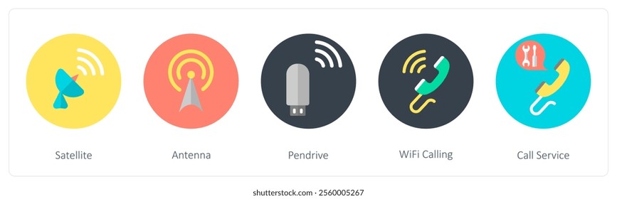 A set of 5 mix icons as satellite, antenna, pen drive