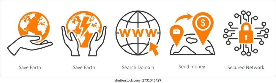 A set of 5 mix icons as save earth, search domain, send money