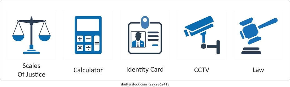 Un conjunto de 5 íconos de mezcla como escalas de justicia, calculadora, cédula de identidad