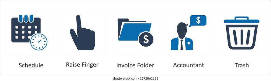 A set of 5 Mix icons as schedule, raise finger, invoice folder