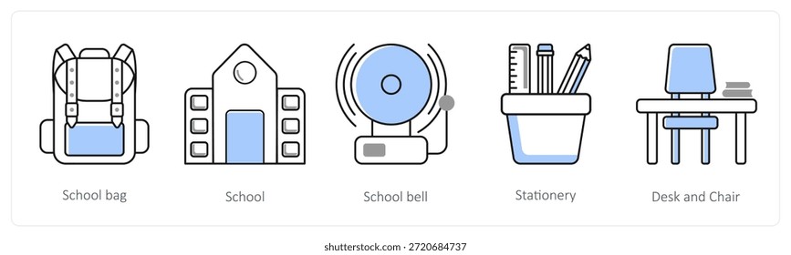 A set of 5 mix icons as school bag, school, school bel in grey color