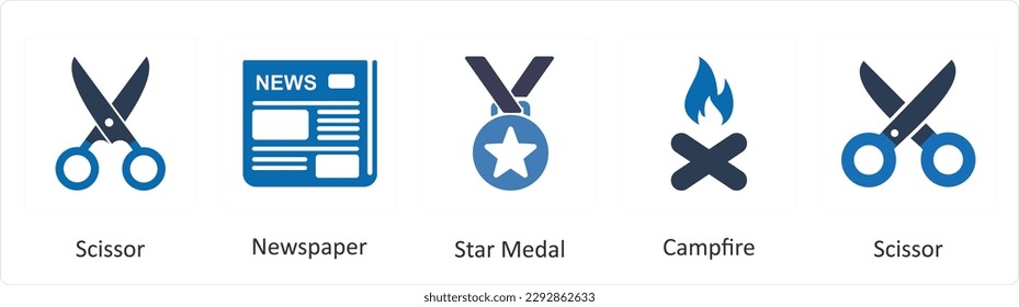 A set of 5 Mix icons as scissor, newspaper, star medal