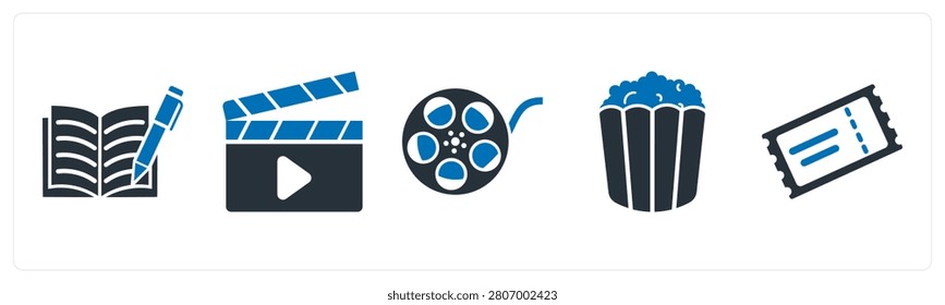 A set of 5 mix icons as script writing, clapper board, movie reel