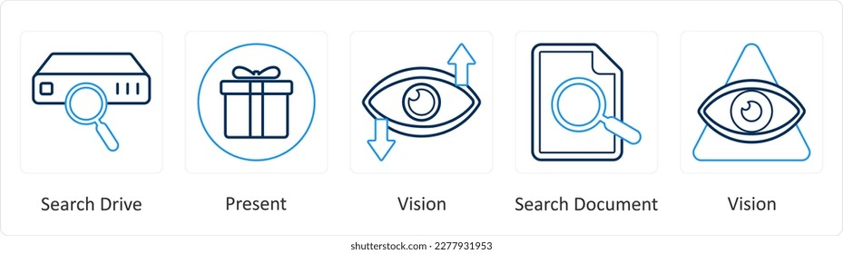 A set of 5 mix icons as search drive, present, vision