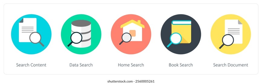 A set of 5 mix icons as search content, data search, home search