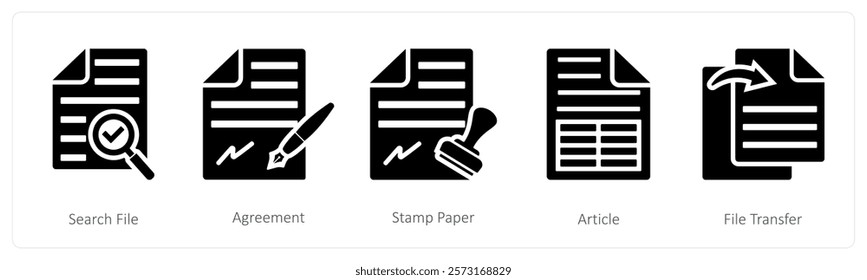 A set of 5 mix icons as search file, agreement, stamp paper