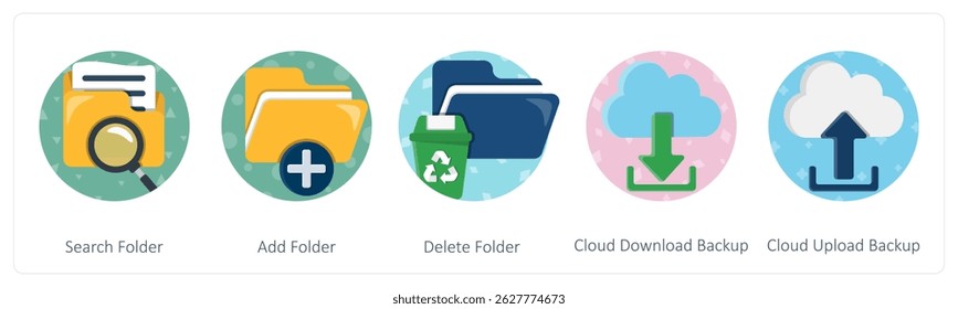 A set of 5 mix icons as search folder, add folder, delete folder