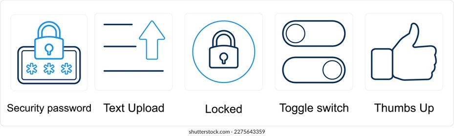 A set of 5 mix icons as security password, text uplaod, locked