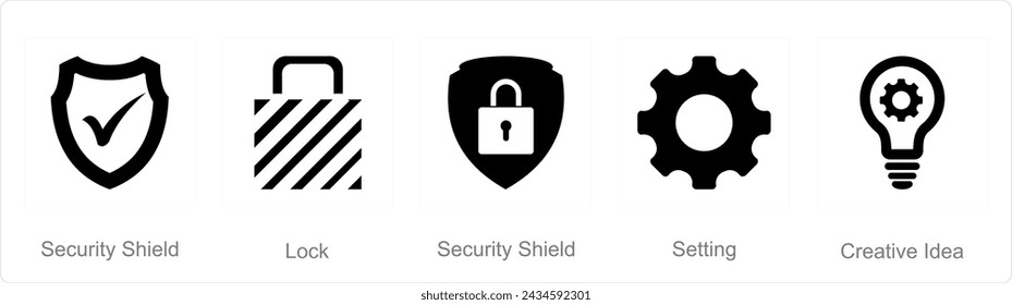 A set of 5 mix icons as security shield, lock, setting