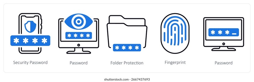 A set of 5 mix icons as security password, password, folder protection