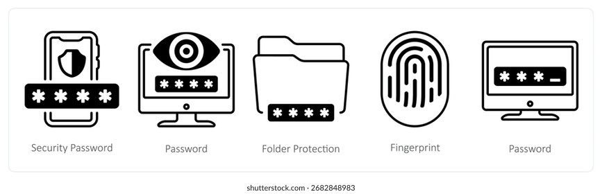 A set of 5 mix icons as security password, password, folder protection