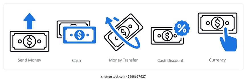 A set of 5 mix icons as send money, cash, money transfer