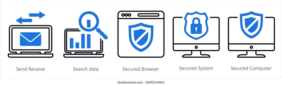 Un conjunto de 5 iconos de mezcla como enviar, recibir, datos de búsqueda, navegador seguro