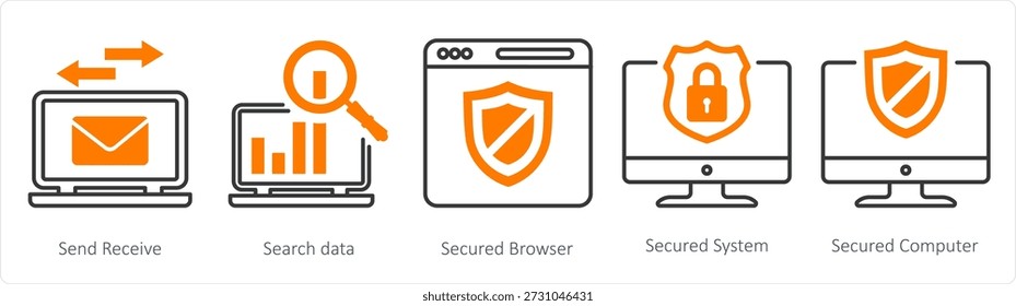 A set of 5 mix icons as send receive, search data, secured browser