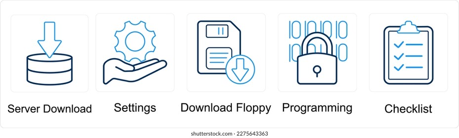 A set of 5 mix icons as server download, settings, download floppy