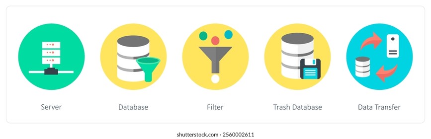 A set of 5 mix icons as server, database, filter
