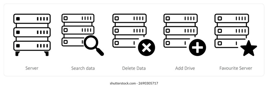 Un conjunto de 5 iconos de mezcla como servidor, datos de búsqueda, datos de Borrar