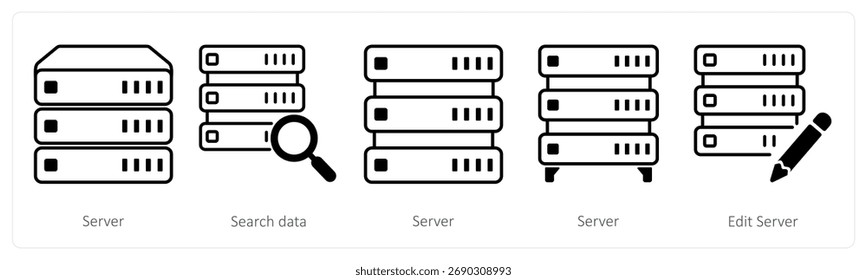 A set of 5 mix icons as server, search data, edit server