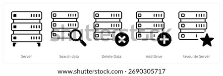 A set of 5 mix icons as server, search data, delete data