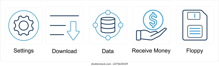 A set of 5 mix icons as settings, download, data