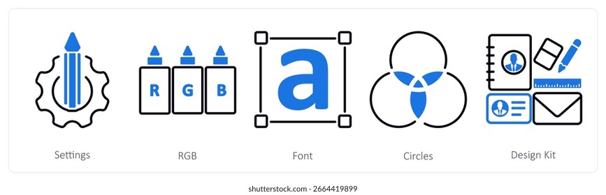 A set of 5 mix icons as settings, rgb, font