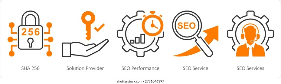 A set of 5 mix icons as sha 256, solution provider, seo performance