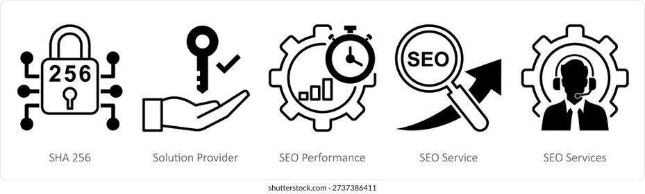 A set of 5 mix icons as sha 256, solution provider, seo performance