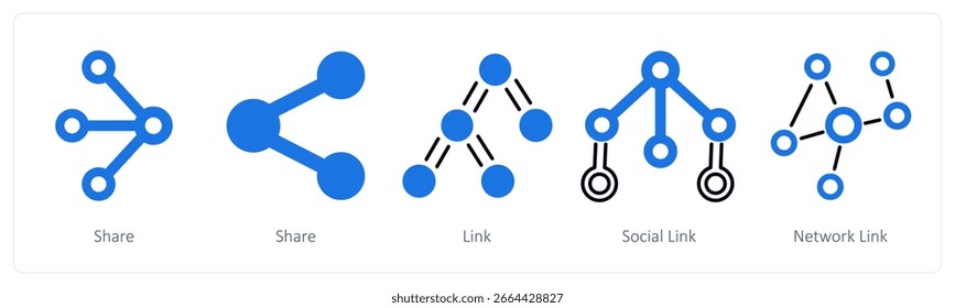 A set of 5 mix icons as share, link, social link, network link