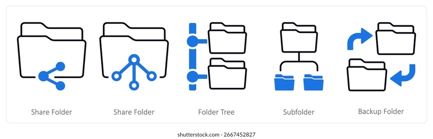Un conjunto de 5 iconos de mezcla como carpeta compartida, árbol de carpetas, subcarpeta