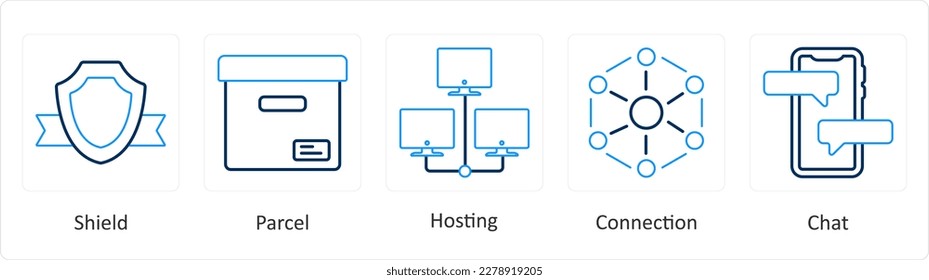 Ein Satz von 5 Mix-Symbolen wie Schild, Paket, Hosting