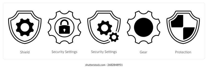 Un conjunto de 5 iconos de la mezcla como escudo, Configuraciones de seguridad, equipo
