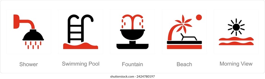 A set of 5 Mix icons as shower, swimming pool, fountain