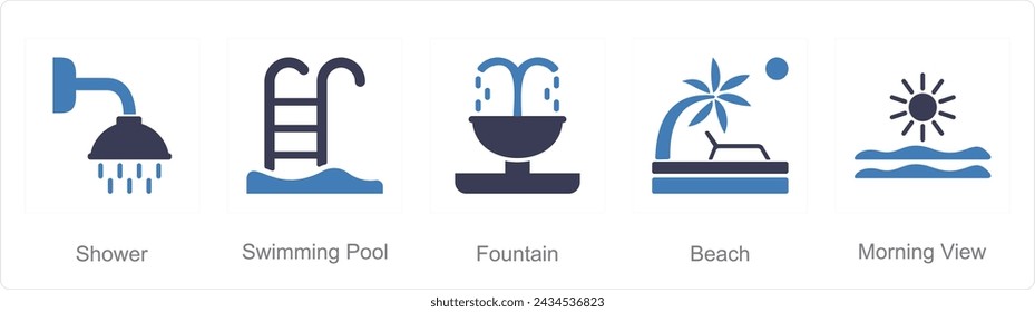 Un conjunto de 5 iconos de mezcla como ducha, piscina, fuente