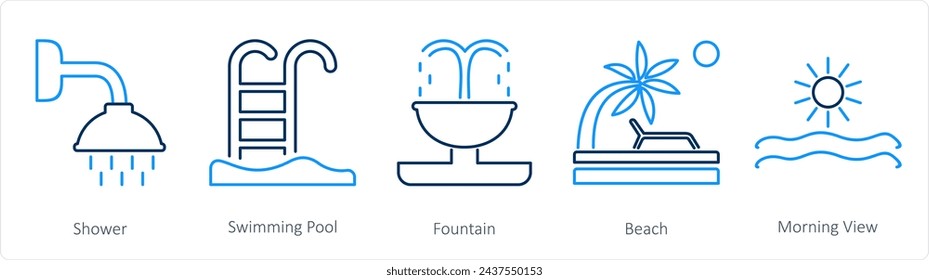 A set of 5 Mix icons as shower, swimming pool, fountain