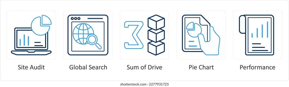 A set of 5 mix icons as site audit, global search, sum of drive