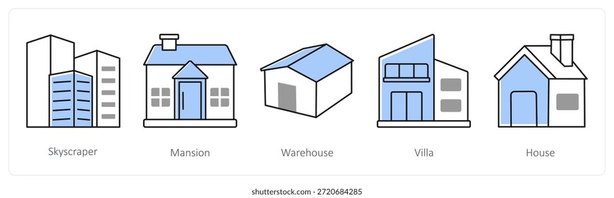 A set of 5 mix icons as skyscraper, mansion, warehouse in grey color