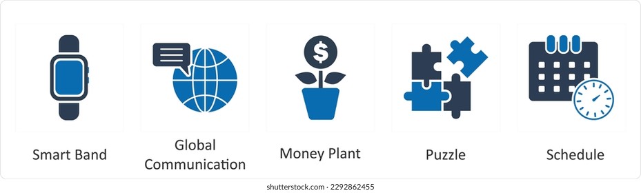 A set of 5 Mix icons as smart band, global communication, money plant