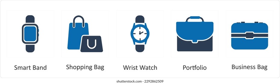 A set of 5 Mix icons as smart band, shopping bag, wrist watch