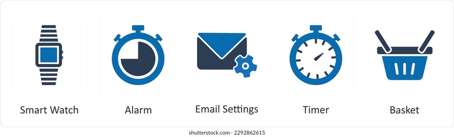 A set of 5 Mix icons as smart watch, alarm, email settings