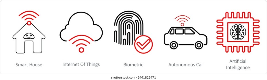 Ein Satz von 5 Mix-Icons als Smart House, Internet der Dinge, biometrische