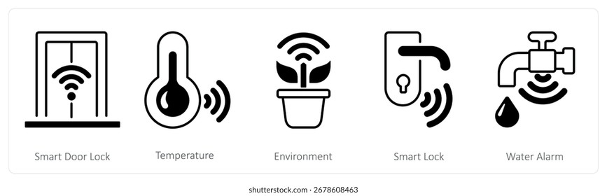 Un conjunto de 5 iconos de la mezcla como cerradura de puerta inteligente, temperatura, ambiente
